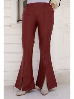 İspanyol Paça Önü Yırtmaçlı Deri Bordo Pantolon