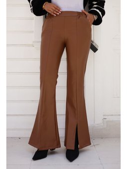 İspanyol Paça Önü Yırtmaçlı Deri Kahverengi Pantolon