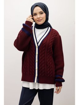 Saç Örgü Desenli Triko Bordo Hırka