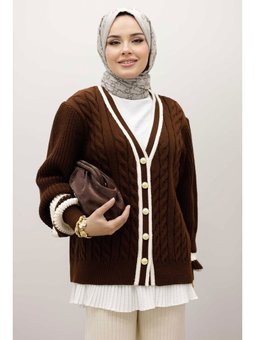 Saç Örgü Desenli Triko Kahverengi Hırka