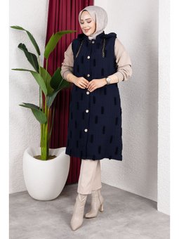 Tüy Detaylı Kapitone Lacivert Yelek