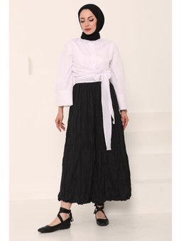 Beli Lastikli Kırışık Sıyah Etek Siyah