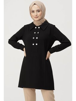 Düğme Detaylı Modal Sıyah Tunik Siyah