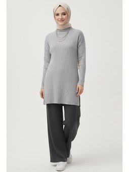 İnterlok Yırtmaçlı Grı Tunik Gri