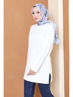 İnterlok Yırtmaçlı Tunik Beyaz