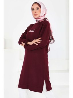 Önü Baskılı Yırtmaçlı Modal Tunik Bordo