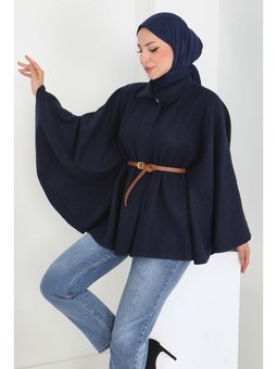 Tek Düğmeli Kemerli Kaşe Lacıvert Panço Lacivert