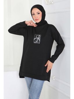 Yanları Yırtmaçlı Baskı Detaylı Modal Sıyah Tunik Siyah