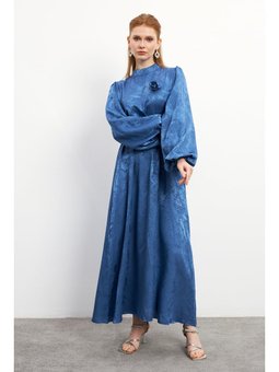Gül Detaylı Jakar İndigo Elbise