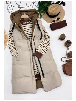 Çift Taraflı Uzun Kapişonlu Kolsuz Şişme Kahverengi Yelek