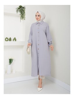 Maxi Boy Yırtmaçlı Viskon Gri Tunik