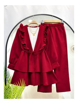 Nilüfer Fırfırlı Klasik İkili Bordo Takım