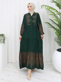 Düğmeli Zümrüt Yeşili Elbise