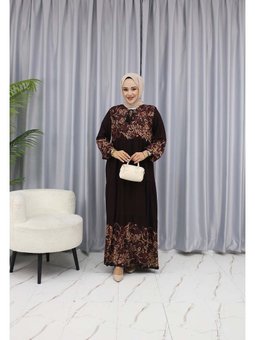 Sulu Desen Kahverengi Elbise