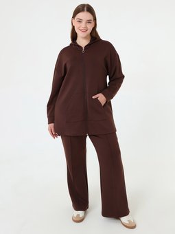 Fermuarlı Kapuşonlu Spor Sweatshirt & Pantolon Büyük Beden Kahverengi Takım