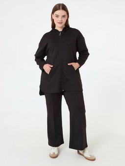 Fermuarlı Kapuşonlu Spor Sweatshirt & Pantolon Büyük Beden Siyah Takım
