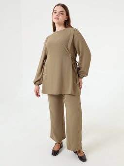 Krep Kumaş Kuşgözü Detaylı Yandan Bağlamalı Büyük Beden Haki Takım