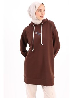 Nakışlı Manşeti Ribanalı Sweat Tunik Acı Kahve