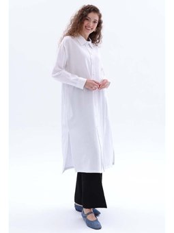 Yanları Yırtmaçlı Cepli Keten Gömlek Tunik Beyaz