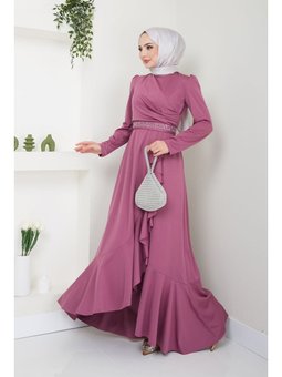 Giyim Moda Eteği Volanlı Kemeri Taşlı Abiye Elbise Gül Kurusu