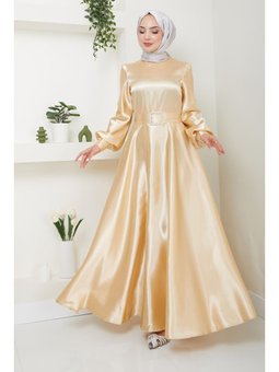 Giyim Moda Kemeri Taşlı Uzun Saten Abiye Elbise Bej