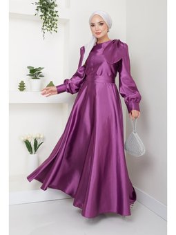 Giyim Moda Saten Fiyonklu Uzun Tesettür Abiye Elbise Mor