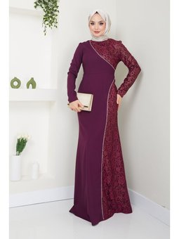 Giyim Moda Simli Dantelli Balık Abiye Elbise Mürdüm