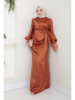 Giyim Moda Tesettür Saten Abiye Elbise Kiremit