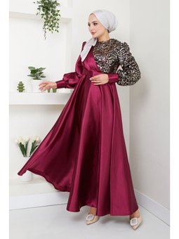Moda Giyim Tesettür Pul Saten Abiye Elbise Bordo