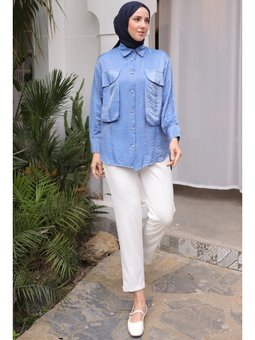 Büyük Cep Detaylı Gömlek Mavi
