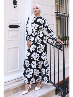 Çiçek Desenli Siyah Elbise