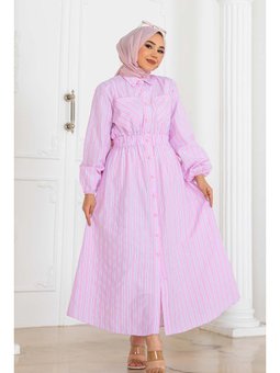Çizgili Pembe Gömlek Elbise