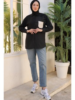 Nakış Detaylı Cepli Gömlek Siyah