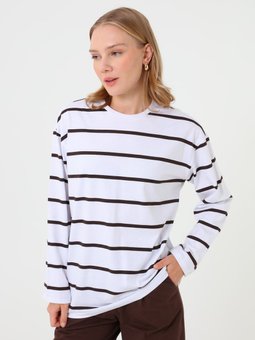 Basic Kahverengi Çizgili Tunik Ekru
