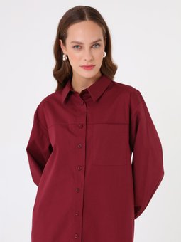 Bordo Poplin Kumaş Cep Detaylı Uzun Basic Bluz / Gömlek