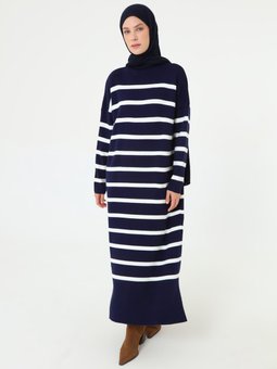 Çizgi Detaylı Balıkçı Yaka Triko Acik Lacivert Elbise