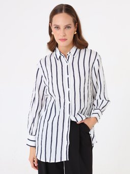 Çizgili Klasik Bluz / Lacivert Cizgili Gömlek