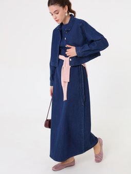 Kısa Denim Ceket Ve Büzgülü Bel Elbise İkili Mavi Takım