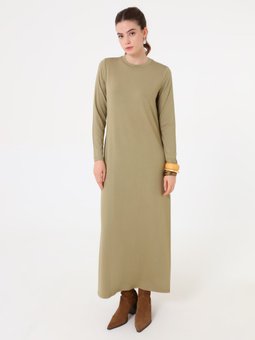 Viskon Kumaşlı Yumuşak Tuşeli Basic Örme Haki Elbise
