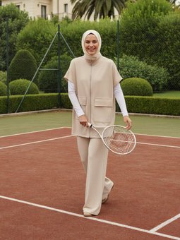 Yumuşak Dokulu Cep Detaylı Yelek & Pantolon Tas Rengi Takım