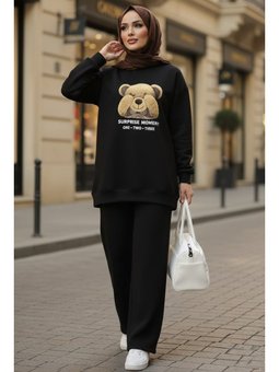 Ayıcık Desen Üç İplik İkili Siyah Takım