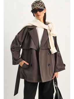 Aller Detaylı Kuşaklı Cepli Astarlı Zeytin Trençkot