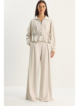 Beli Kemerli Pileli Hırka Yüksek Bel Bol Pantolon Alt Üst Modal Taş Takım