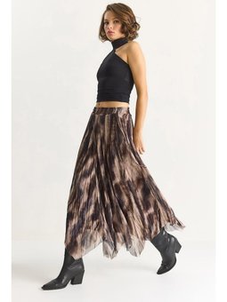 Desenli Asimetrik Kesim Astarlı Şifon Bohem Bej Etek Kahverengi