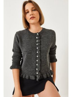 Düğmeli Fırfırlı Triko Antrasit Hırka