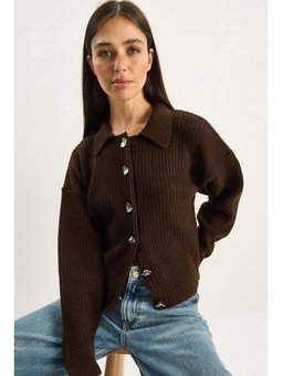 Gömlek Yaka Düğme Detaylı Örgü Triko Acı Kahve Hırka