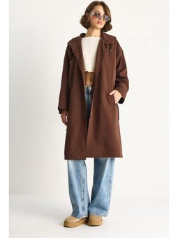 Kapüşonlu Astarlı Cep Detaylı Orta Boy Mevsimlik Acı Kahve Trençkot