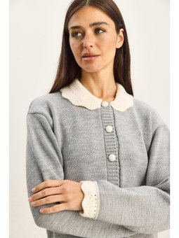 Örgü Bebe Yaka Kol Detaylı Triko Gri Hırka