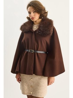 Peluş Yaka Detaylı Kemerli Kaşe Acı Kahve Panço