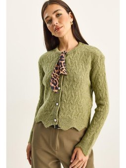 Saç Örgülü Fular Detaylı Düğmeli Açık Yeşill Hırka
